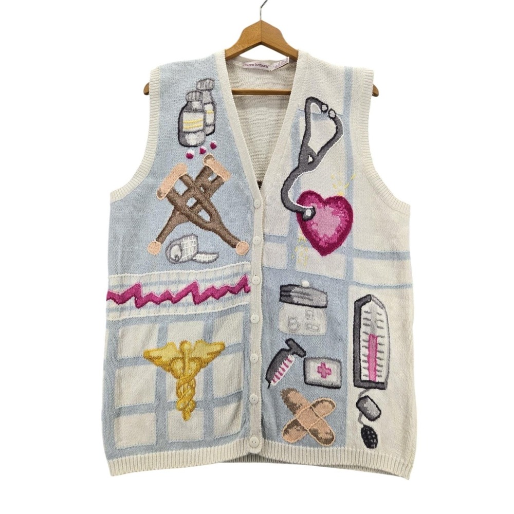 Vtg Lauren Hansen Teacher Medical Nurse Vet Tech Sweater Vest Dog Novelty Knit L